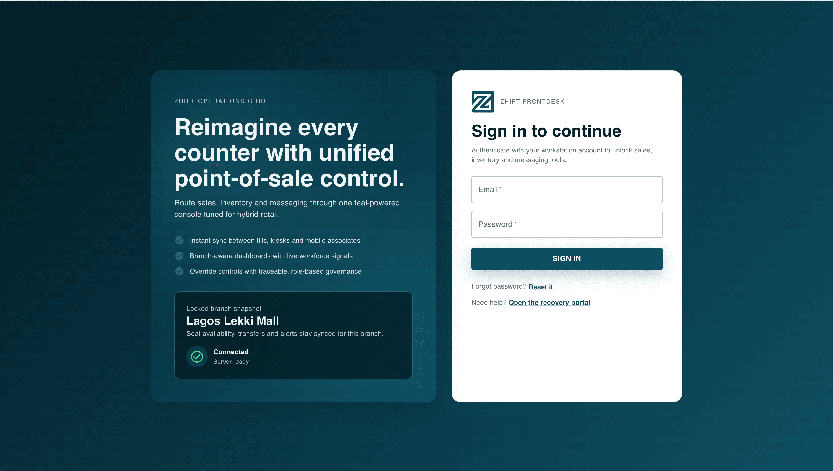 Zhift POS secure login screen